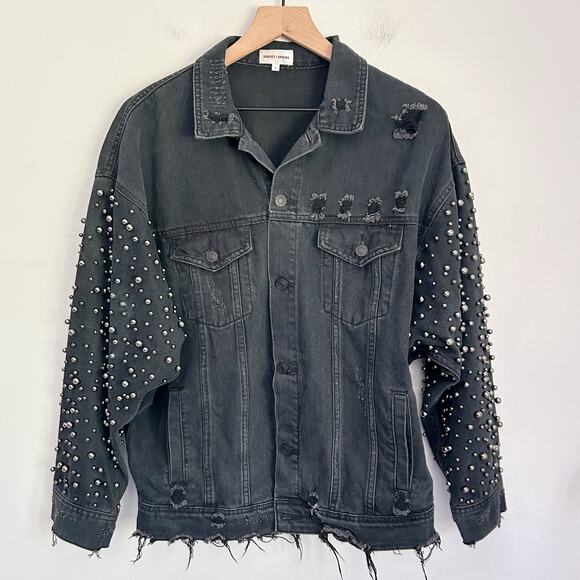 Sunset + Spring Embellished Oversized Distressed Denim Jacket Size L Black - Picture 1 of 7